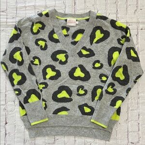 Brodie Cashmere Gray and Green Leopard Print V-Neck Sweater Jumper XS Oversized